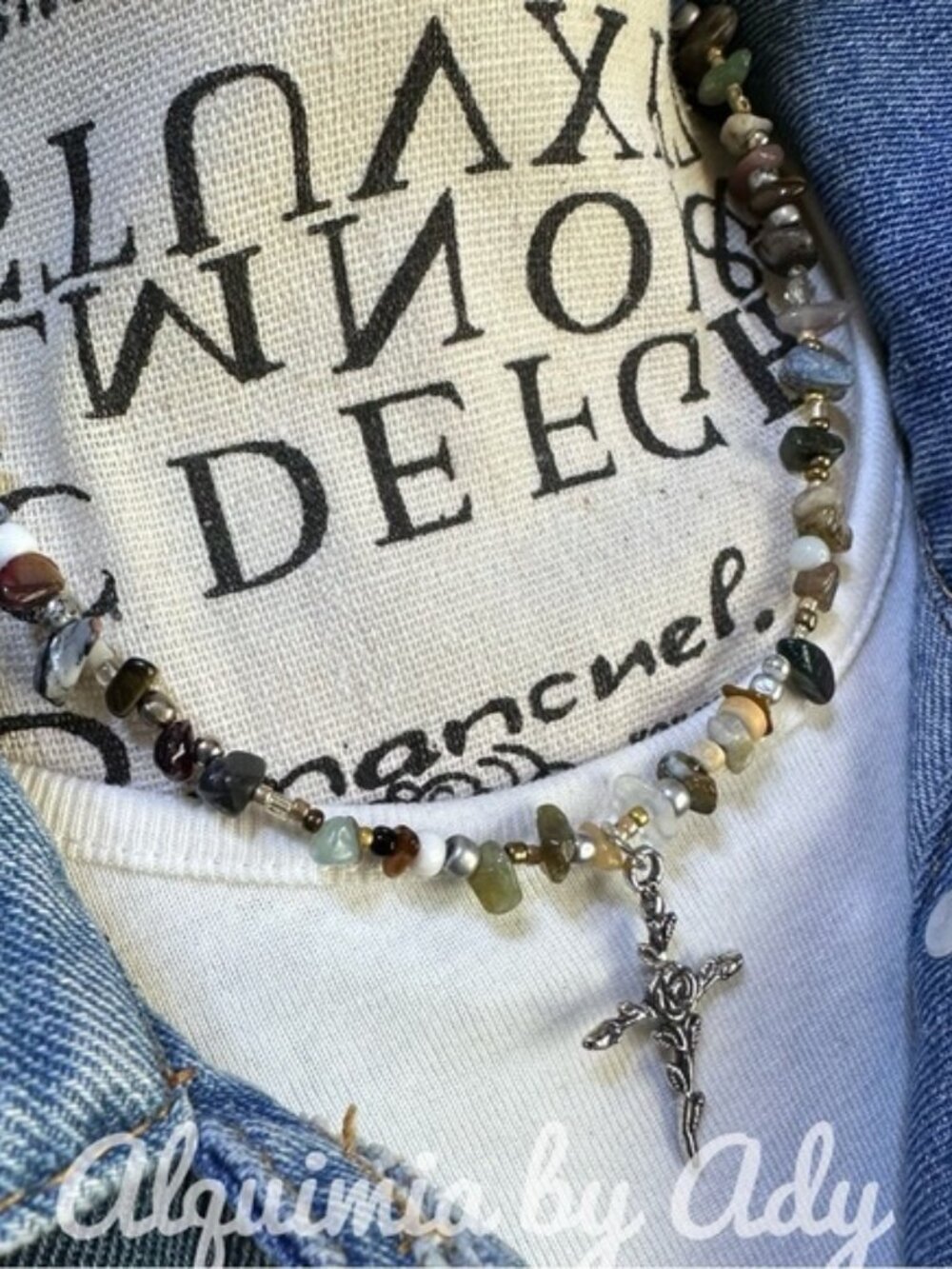Indian Agate Multicolor Chip Necklace with Ornate Silver Cross